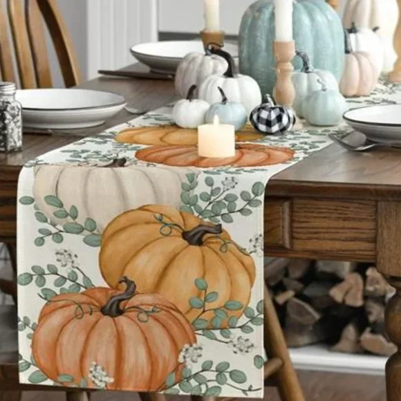 Pumpkin Table Runner Orange Cottage Farmhouse Thanksgiving Long Cloth Fall Decor - Picture 5 of 8